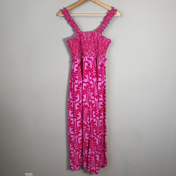 Entro Patterned Smocked Wide Leg Jumpsuit Women's Medium Pink Purple Comfy Boho - Picture 11 of 16